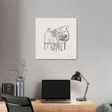 Minimalist sketch art of two people at a piano displayed in a modern home office with a desk, laptop, and decor.
