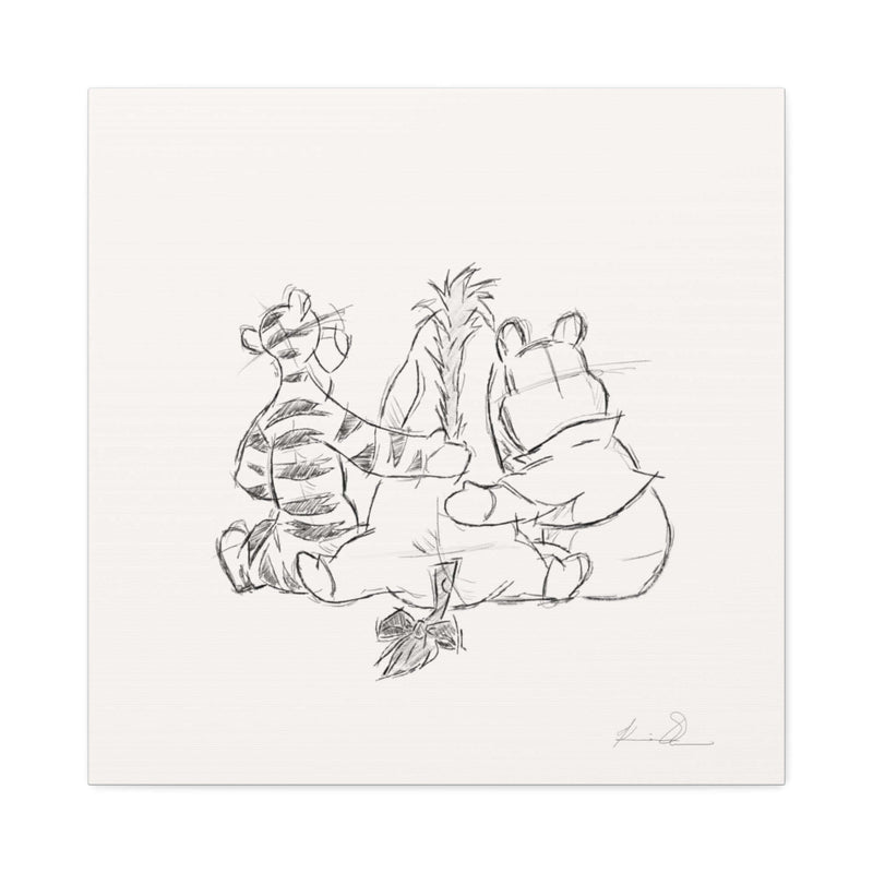 Sketch of three animated characters sitting together from behind on a neutral background.