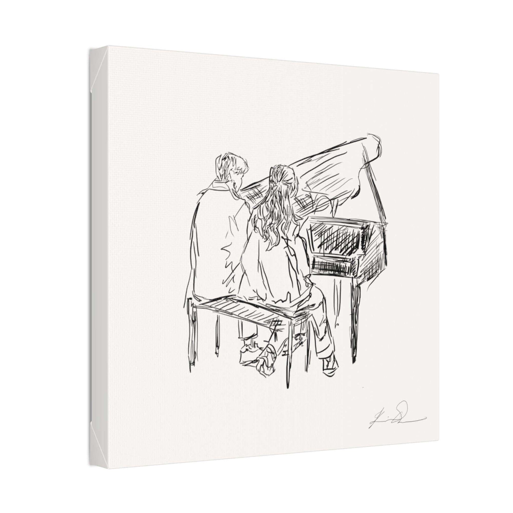 Sketch of two people playing a grand piano, displayed on a white canvas.