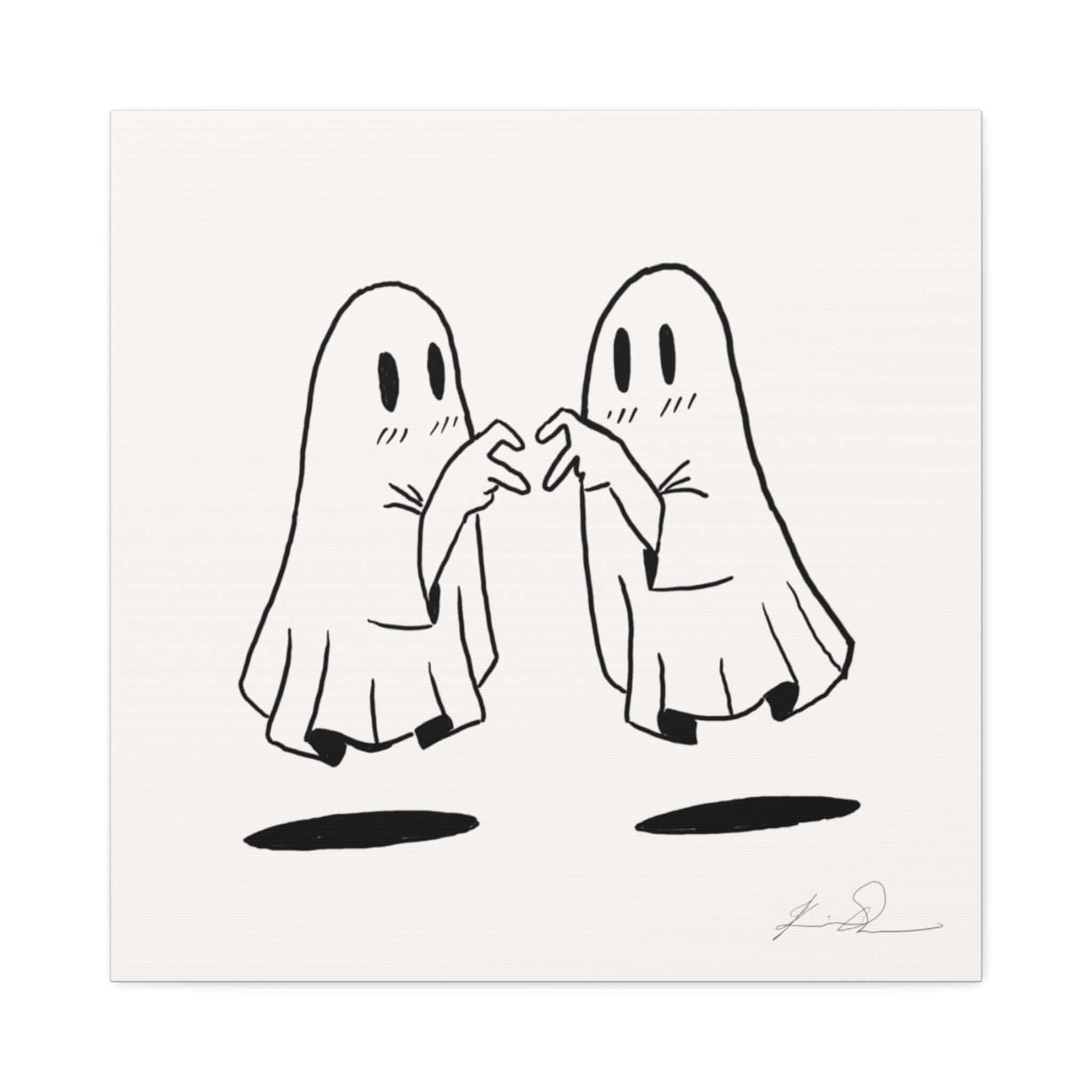Cute cartoon ghosts playing Rock, Paper, Scissors floating above shadows