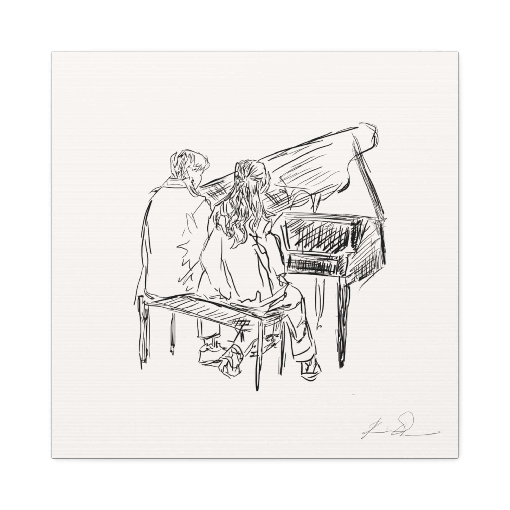 "Love on the Beat canvas print featuring a sketch of two people playing a grand piano, showcasing harmony between two souls."