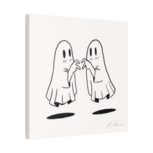 Halloween-themed canvas art print of two cartoon ghosts making the "forever friends" gesture, titled "Past Lives".