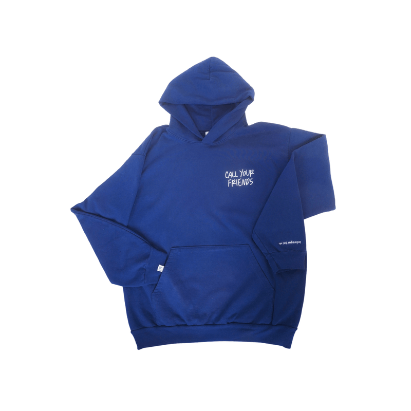 Blue "Call Your Friends" hoodie made from organic cotton, showcasing a sustainable and comfortable design.