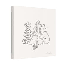 Sketch of three cartoon characters sitting on a white canvas print.