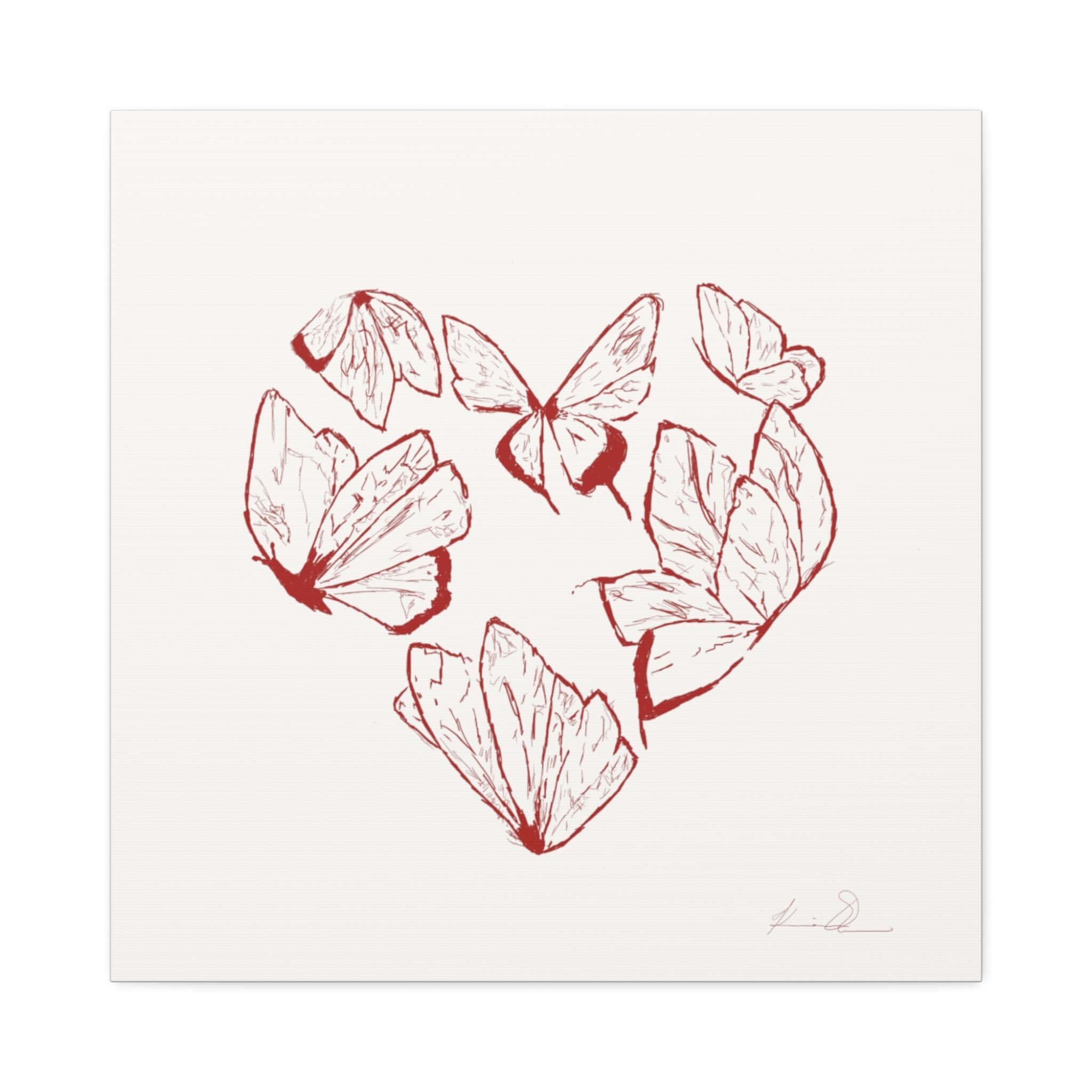 Heart-shaped butterfly artwork on white canvas, "First Site" print, showcasing love and creativity in red detailed art
