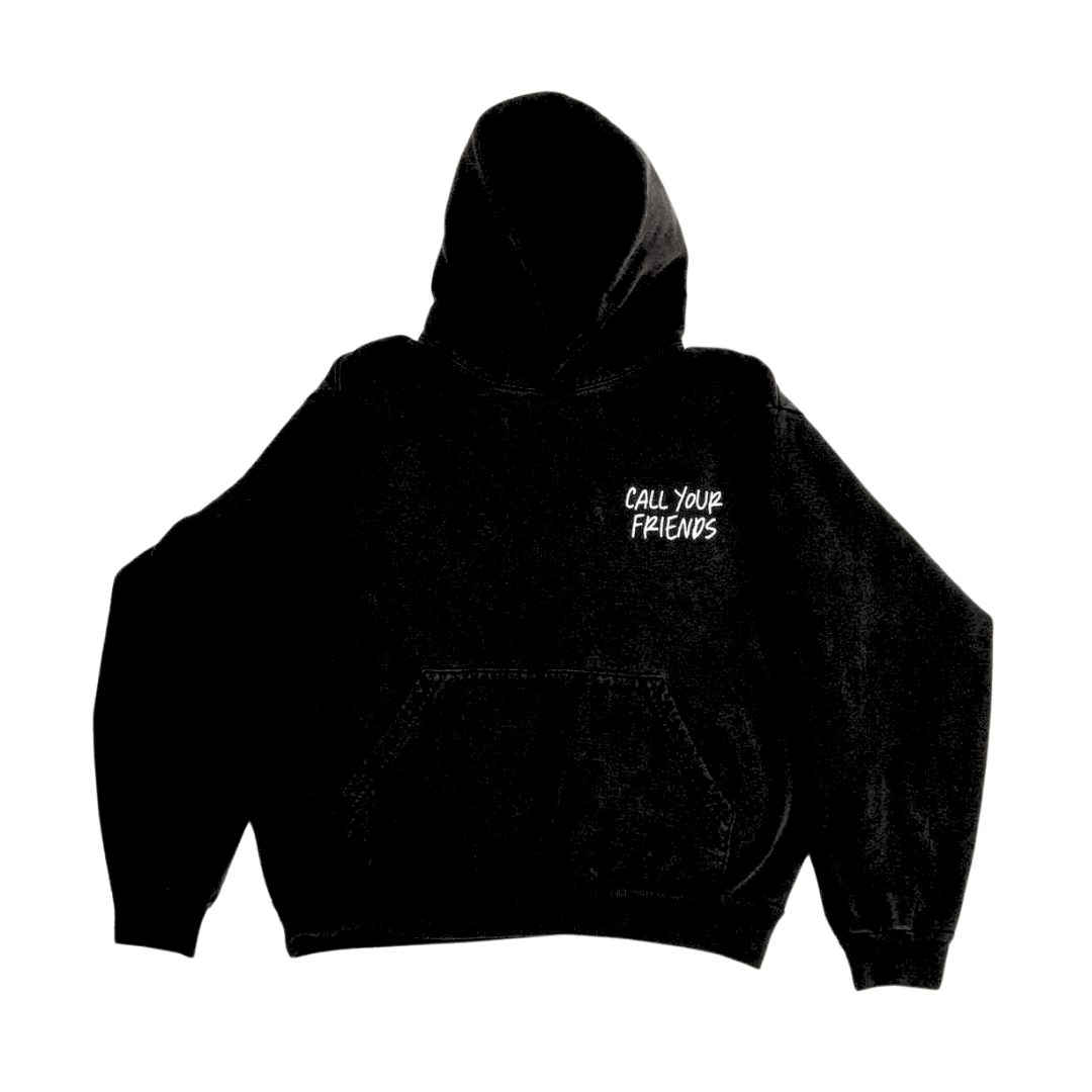 "Tell Your Homies - Black Hoodie made of organic cotton, featuring Call Your Friends text, sustainable and comfortable clothing"