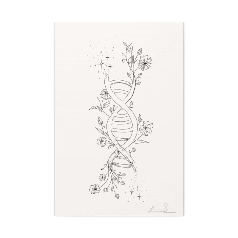 Art canvas print featuring a DNA double helix entwined with flowers, titled Human Nature.