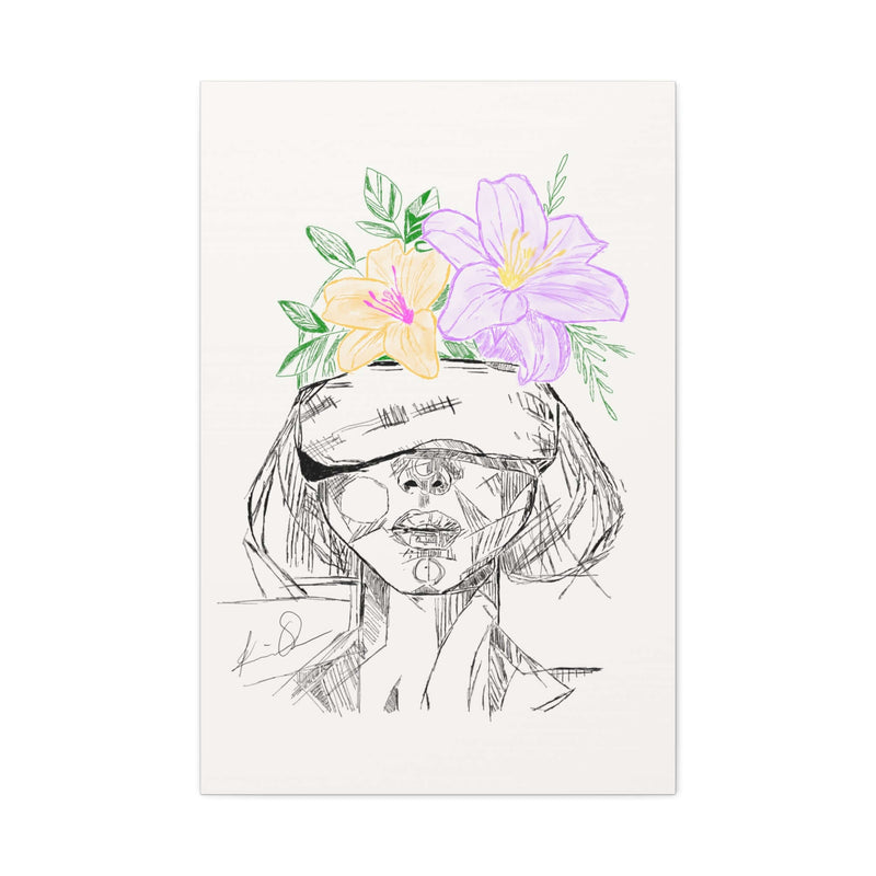 Blind Creativity canvas print featuring an abstract sketch of a person with colorful flowers, embodying the collision of shadows and sunshine.