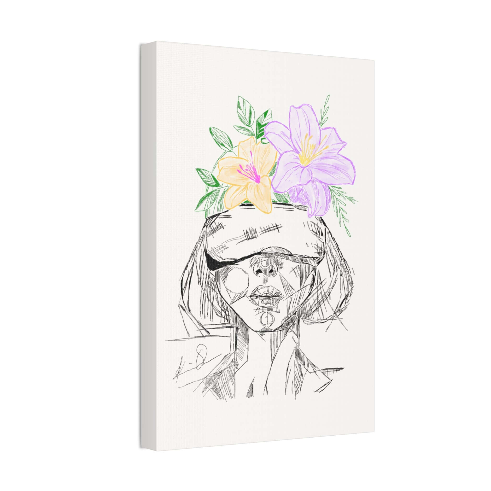 Blind Creativity canvas artwork featuring a sketched face with flowers blooming from the head, embodying shadows and sunshine.