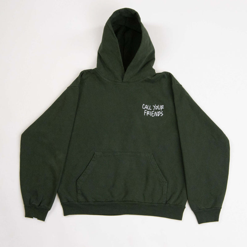 ESS Green hoodie made from soft, sustainable organic cotton with "Call Your Friends" text.