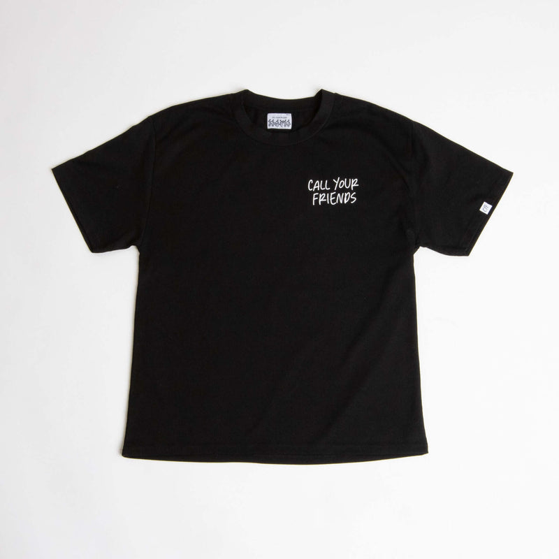 Black Winnie Tee by callyourfriends made from 100% organic cotton, featuring "Call Your Friends" text, sustainable, soft, and durable t-shirt.